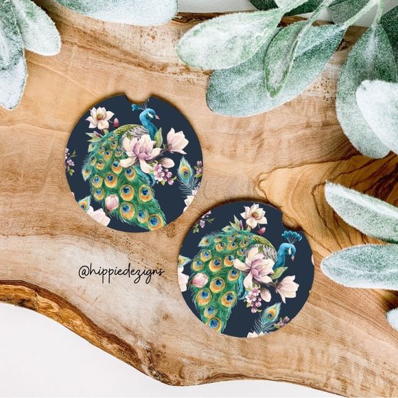 Navy Blue Peacock Car Coaster Set | Peacock Coaster Set | Car Accessories - Picture 1 of 9